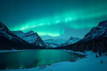 Welcome to Canada &ndash; glowing northern light sign over snowy Rockies and turquoise Banff lakes, cinematic ultra HD.
