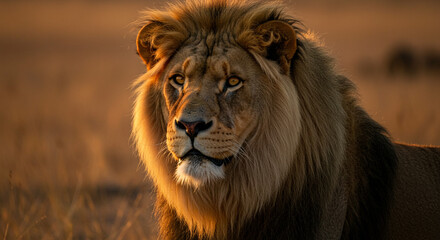 Majestic lion portrait bathed in golden hour light, capturing strength and wild beauty