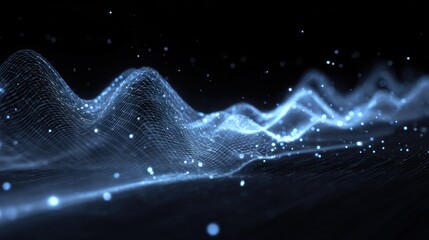 Blue mesh wavy lines with lights on black for digital AI World AI Day.