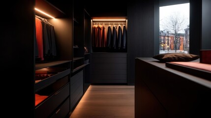 Sophisticated modern closet with custom design and ambient lighting revealing elegance