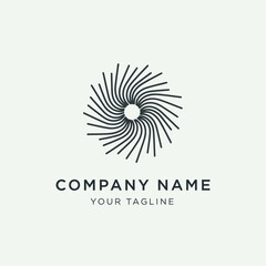 Abstract logo design featuring swirling lines emanating from a central point, with company branding.