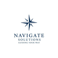 A professional business logo for Navigate Solutions, featuring a classic dark blue compass rose symbol above the company name and tagline.