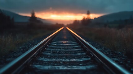 Fototapeta premium Railroad tracks stretch into the distance toward a vibrant sunset horizon landscape