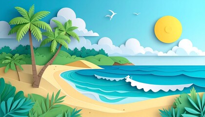 Paradise awaits with a tropical island, palm trees, and a sun-drenched beach