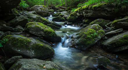 Obraz premium Explore the vibrant beauty of a mossy creek flowing through a lush green forest landscape scene