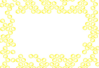 Golden honey comb frame border, hand drawn watercolor cell illustration isolated on white background. Can be used for cards, invitation and other printed products.