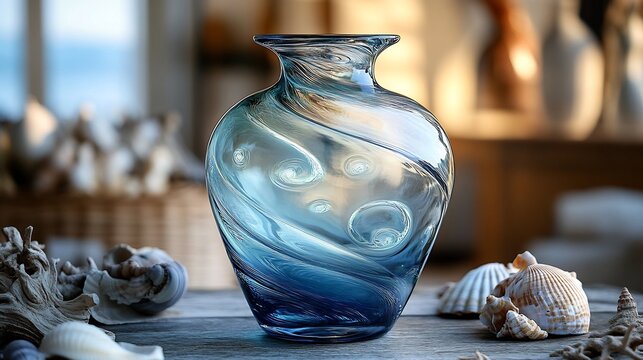 Hand blown glass vase with swirling blue and green colors showcased on a coastal themed table with seashells and driftwood bringing a touch of the ocean indoors