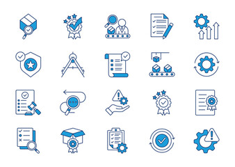 Quality control thin blue icon set. Containing quality, inspection, evaluation, improve, production