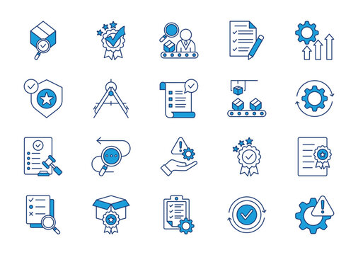 Quality control thin blue icon set. Containing quality, inspection, evaluation, improve, production