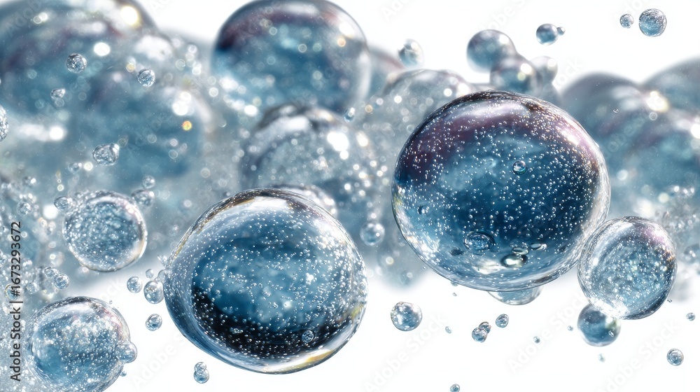 Poster transparent water bubbles floating and isolated on a clear background, capturing delicate reflection