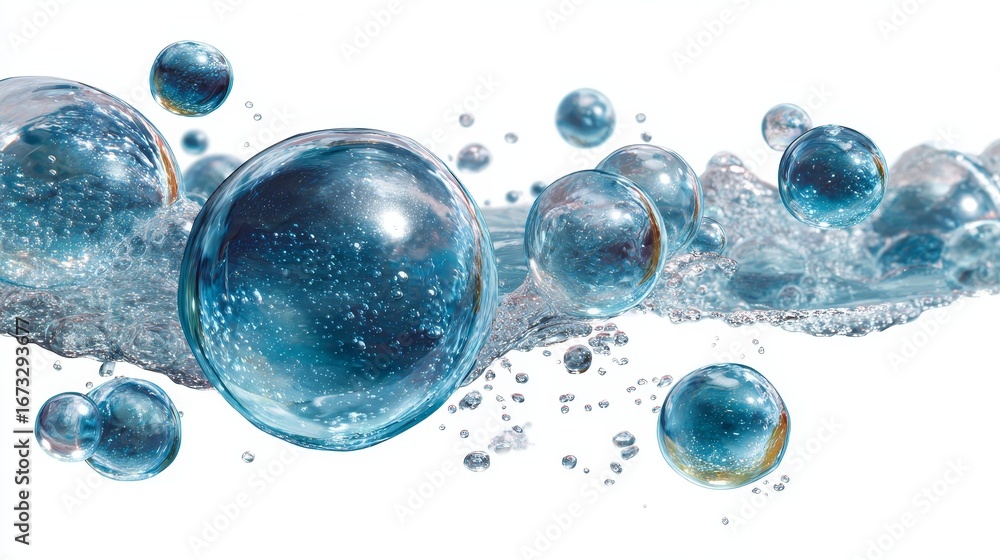 Poster transparent water bubbles floating and isolated on a clear background, capturing delicate reflection