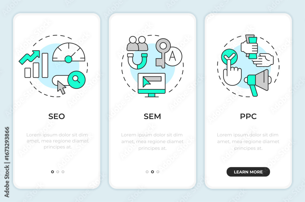 Poster search engine marketing onboarding mobile app screen. lead generation. walkthrough 3 steps editable 