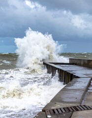 A powerful ocean wave crashes against a dock during bad weather. The scene is dramatic, with rough, churning waters and foamy spray splashing high onto the wooden or concrete dock structure.
