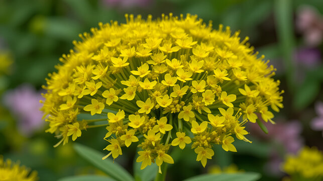 Closeup yellow flowers of lady's bedstraw, yellow bedstraw Galium verum in a Dutch garden. Family Rubiaceae. Summer, August, Netherlands - Powered by Adobe