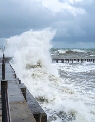 A powerful ocean wave crashes against a dock during bad weather. The scene is dramatic, with rough, churning waters and foamy spray splashing high onto the wooden or concrete dock structure.
