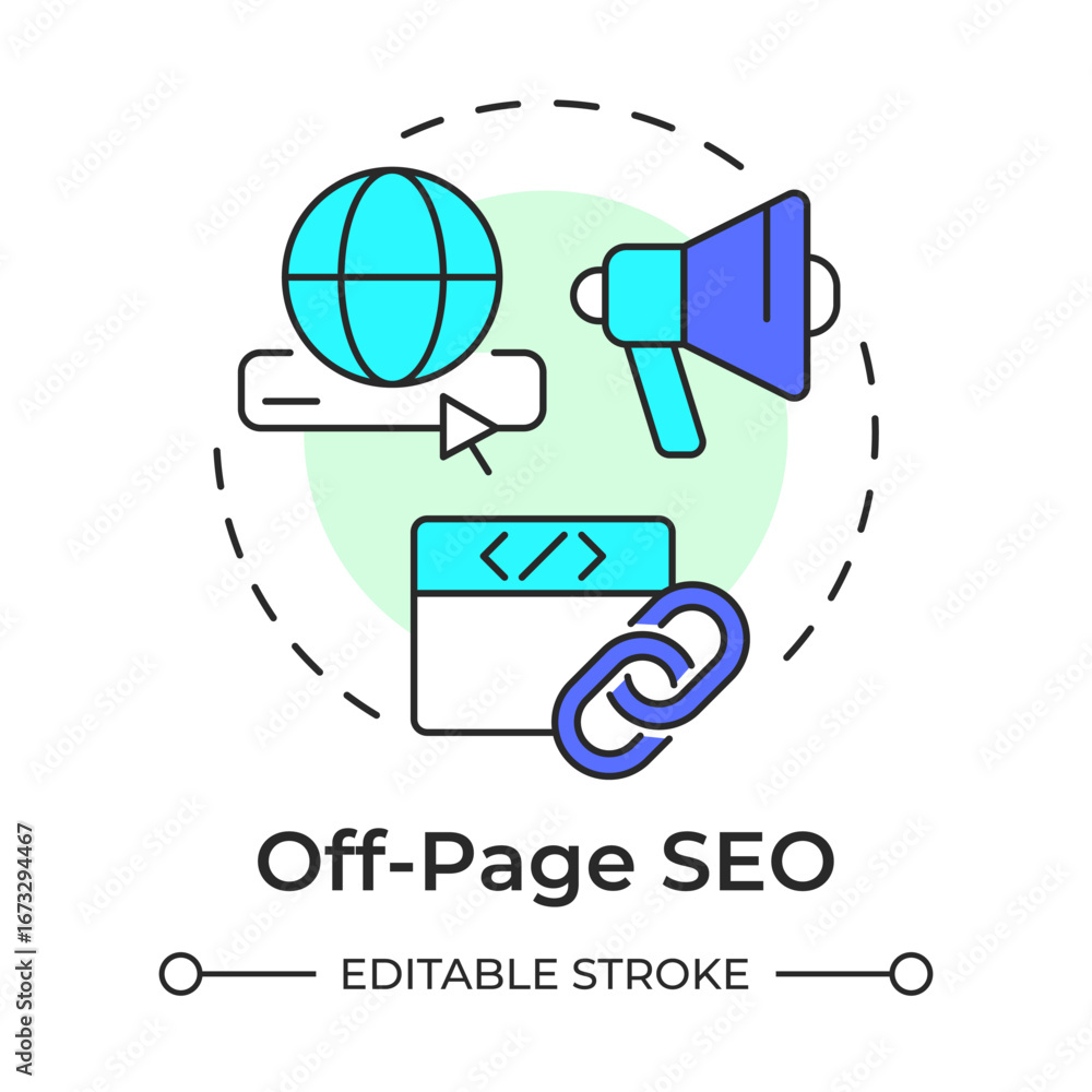 Poster off-page seo multi color concept icon. web search. internet, network. marketing optimization. round 