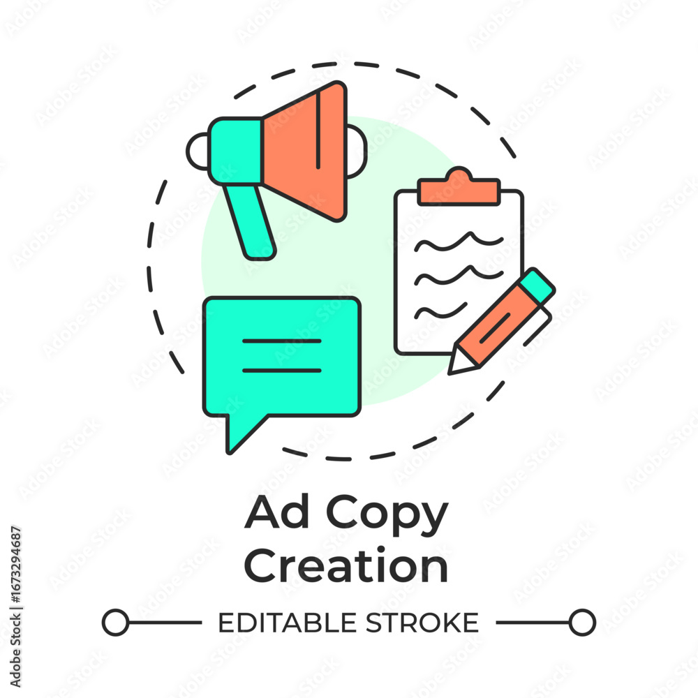Poster ad copy creation multi color concept icon. advertisement organization, promoting. round shape line i