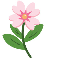 Flat illustration of single pink flower with green leaves. Great for floral decoration, spring, summer, garden, and ecology.
