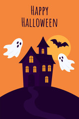 Happy halloween haunted house with ghosts and bat. Spooky holiday night illustration. Scary castle silhouette