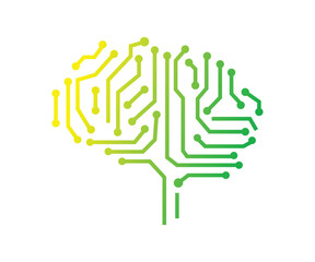 Digital brain tech logo, Human mind technology logo design emblem template. Modern techno smart thinking vector illustration on white background