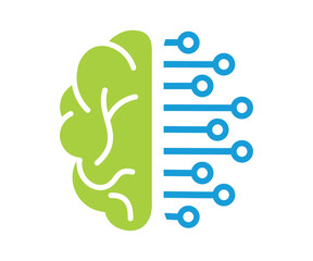 Digital brain tech logo, Human mind technology logo design emblem template. Modern techno smart thinking vector illustration on white background