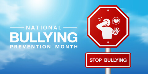 October is Bullying Prevention month. Sign, people, sun, cloud and more. Suitable for posters, banners and social media. Blue background.
