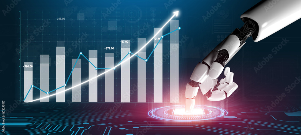 Poster a futuristic robotic hand engages with a touch interface, showcasing a rising graph of digital data 