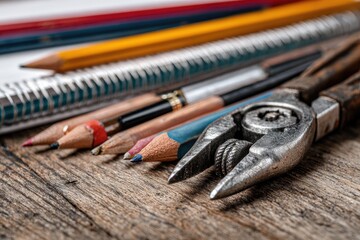 Assorted stationery and tools on a rustic wooden surface