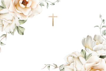 Watercolor border with corner white floral arrangements and golden cross. Isolated template for Easter design, Christening, first communion, baptism, wedding, memorial cards, invitations, church decor