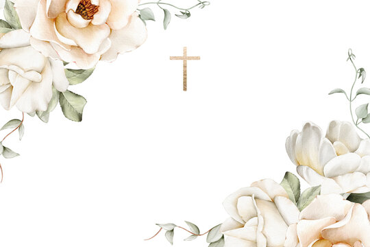 Watercolor border with corner white floral arrangements and golden cross. Isolated template for Easter design, Christening, first communion, baptism, wedding, memorial cards, invitations, church decor - Powered by Adobe