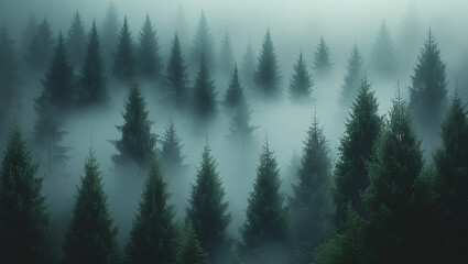 Fototapeta premium Misty evergreen forest shrouded in atmospheric fog and low clouds
