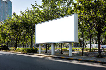 Fototapeta premium Blank billboard on city street lined with trees a sunny day advertising space