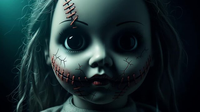 Close Up of a Creepy Damaged Doll with Stitches in Dark Setting