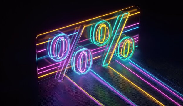 Neon percentage sign on a glowing rectangular display - Powered by Adobe