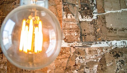 Warm Orange Glowing Lightbulb Against a Rustic Brown Brick Wall