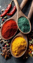 Fototapeta premium Colorful Spices in Wooden Spoons Still Life