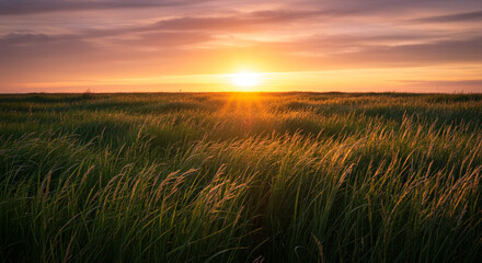 Golden hour sunbeams illuminate tall grass field creating a serene, natural landscape scene.