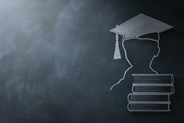 Chalk drawing of a graduating student silhouette on a dark chalkboard