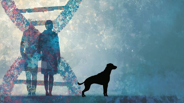 Interwoven dog and human silhouettes against DNA, symbolizing shared health journeys.