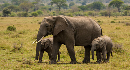 Obraz premium Majestic elephant herd grazes peacefully in sun-drenched African savanna landscape