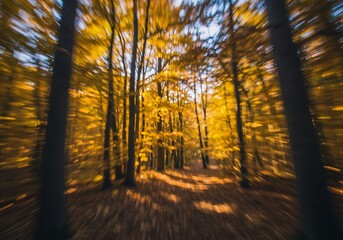 Fototapeta premium A dynamic, motion-blurred image of a vibrant autumn forest with bright yellow leaves