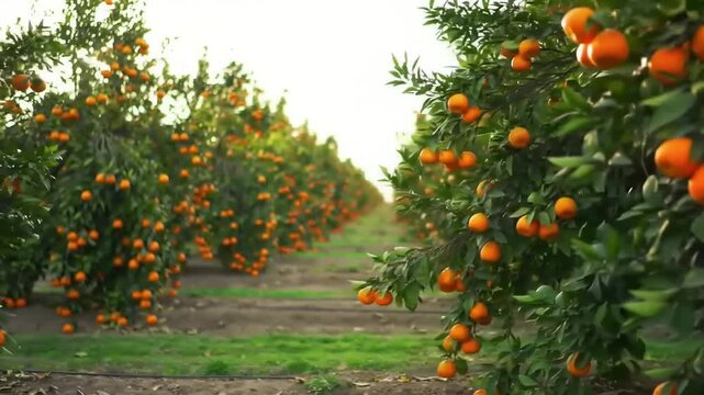 Lush orange orchard with ripe fruits hanging on trees under a clear sky during harvest season