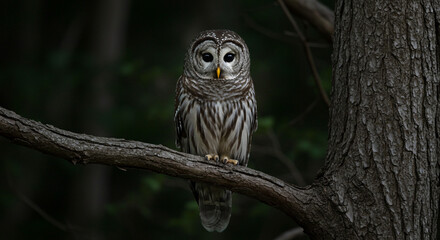 Majestic barred owl sits perched on a tree branch in a dark forest, observing its surroundings.