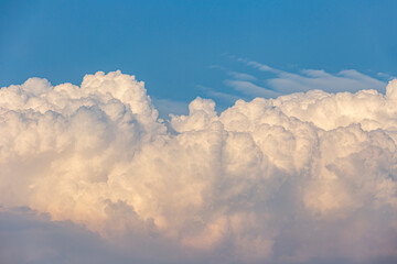 Summer Blue Sky with Fluffy White Cumulus Clouds Panoramic View