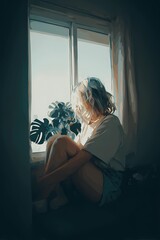 Obraz premium A peaceful lifestyle scene where a woman gives water to her plant, bathed in warm daylight near a window.