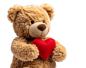 Teddy Bear Hugging Heart, angled side view, isolated on transparent background