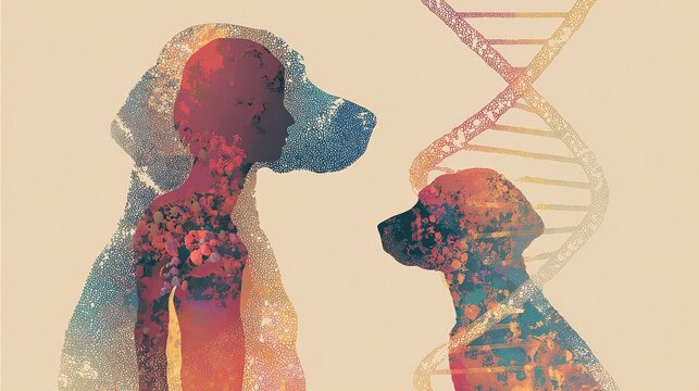 Interwoven dog and human silhouettes against DNA, symbolizing shared health journeys.