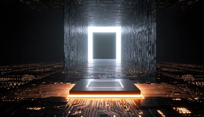 Dark futuristic corridor, glowing CPU