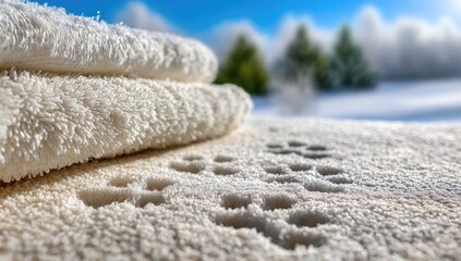 Soft white towels stacked on snow, animal tracks visible