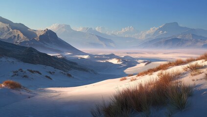 Vast desert valley, mountains in the distance, sunrise or sunset light, soft shadows, pale sand, sparse vegetation